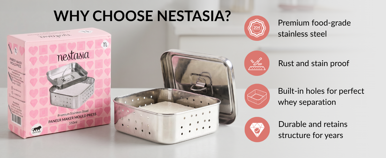 Nestasia Large Stainless Steel Paneer Maker (550 ml) - Square Paneer Maker Mould Press with Lid | Rust Resistant Medium Paneer Strainer - Perfect for Fresh Paneer, Tofu & Sprouts