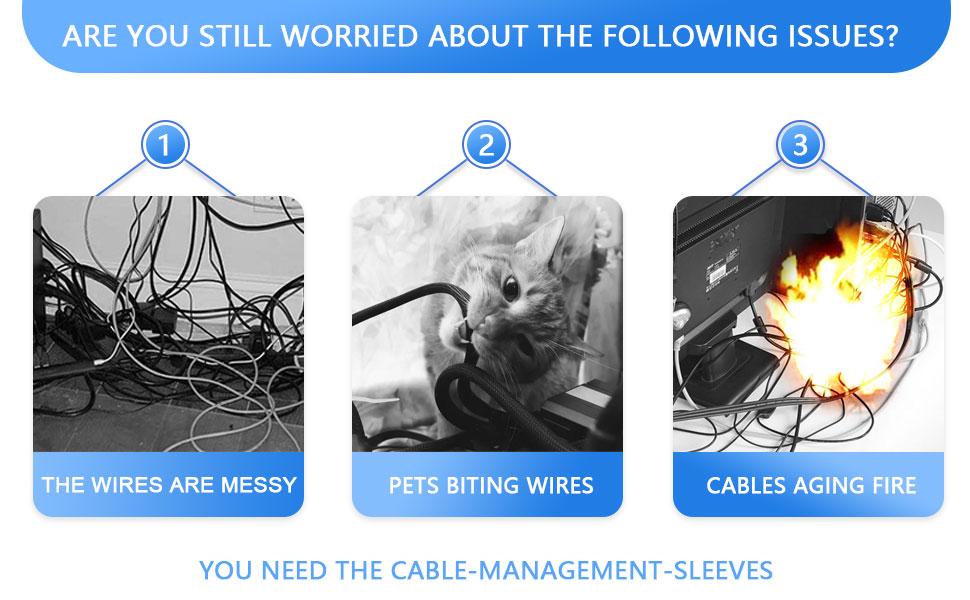 Cable Management Sleeve - 4 Cable Sleeve Cord Organizers - PC Cable Management Solution - Wires Sleeve Black