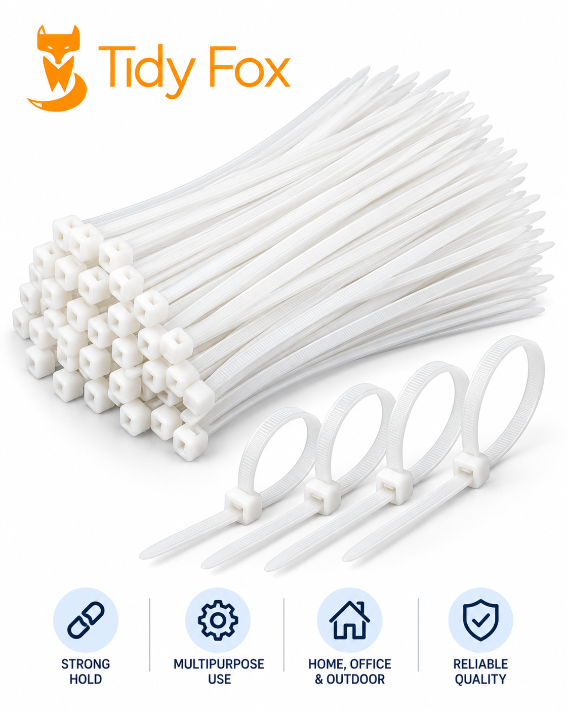Tidy Fox Heavy Duty Nylon Cable Ties, Self Locking Zip Ties, 12 inch (300 mm) x 3.6 mm, Pack of 100, White, for Cable Management, Garden and Outdoor Use, Made in India