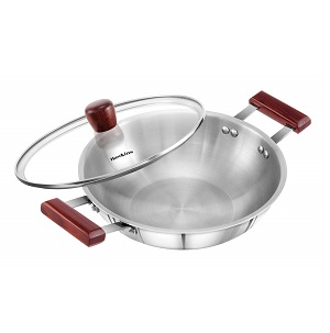 Hawkins 2.5 Litre Deep Fry Pan, Triply Stainless Steel Kadai with Glass Lid, Flat Bottom Induction Kadhai, Silver (SSD25G)