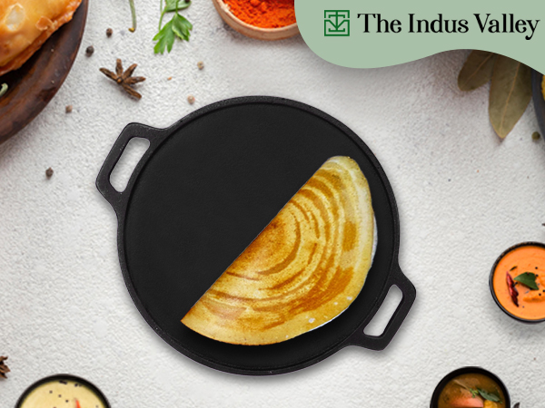 The Indus Valley Pre-seasoned Cast Iron Tawa with Free Wooden Spatula for Dosa/Chapathi | 30.2cm/11.8 inch, 2.4kg | Induction friendly | Naturally Nonstick, 100% Pure & Toxin-free, No Chemical Coating