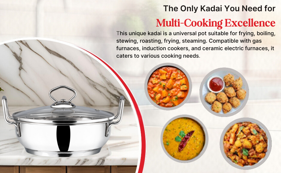 Vinod Stainless Steel Kadhai with Glass Lid 20 cm (1.7 Litre) | Extra Thick SAS Heavy Bottom Cookware | Induction & Gas Stove Compatible | Silver | 2 Years Warranty