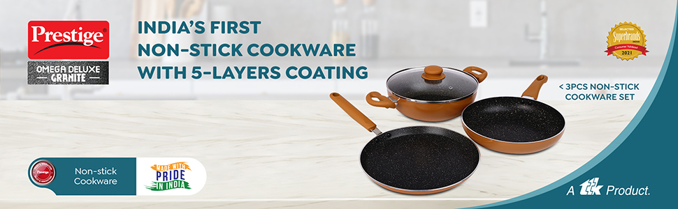 Prestige Omega Deluxe Non-Stick Cookware 3 Pc Set |PFOA Free 5-Layer Coating | Omni Tawa 25 cm | Fry Pan 24 cm | Kadai with Glass Lid 24 cm | Brown | Dishwasher Safe
