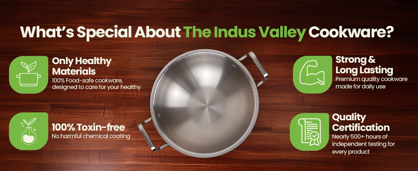 The Indus Valley Triply Stainless Steel Deep Kadai/Kadhai 2.2 LTR with Stainless Steel Lid | 20 cm/7.87 inch,1.39kg | Induction Friendly | Nonstick 3-Layer Body, 100% Pure & Toxin-Free