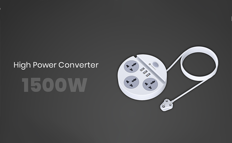 Portronics Power Plate 5 1500W Power Converter with USB Charger & Mobile Holder 3AC Socket + 3USB Ports I 1.5 m Cord Length ( White)