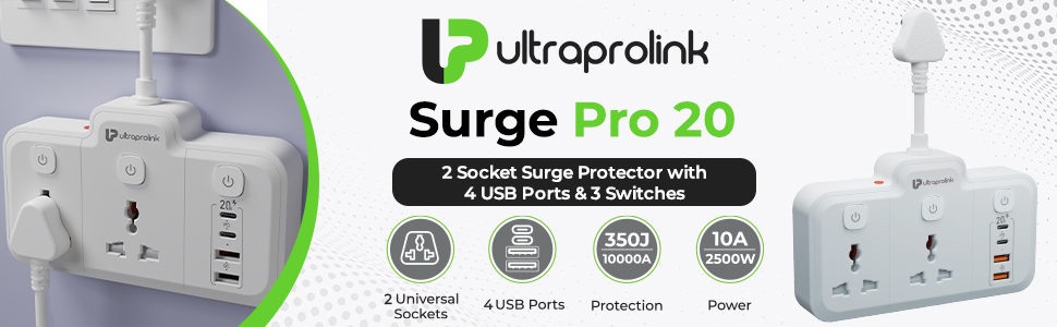 UltraProlink 6 in 1 Surge Extension Board |Device Safety with ISI Approved Heavy Duty Cable-25cm6 Ports-2 Fast Charge Type-C(PD 20W),2 USB-A Ports & 2 AC Sockets|3 Power Switches|Made in India|UM1272