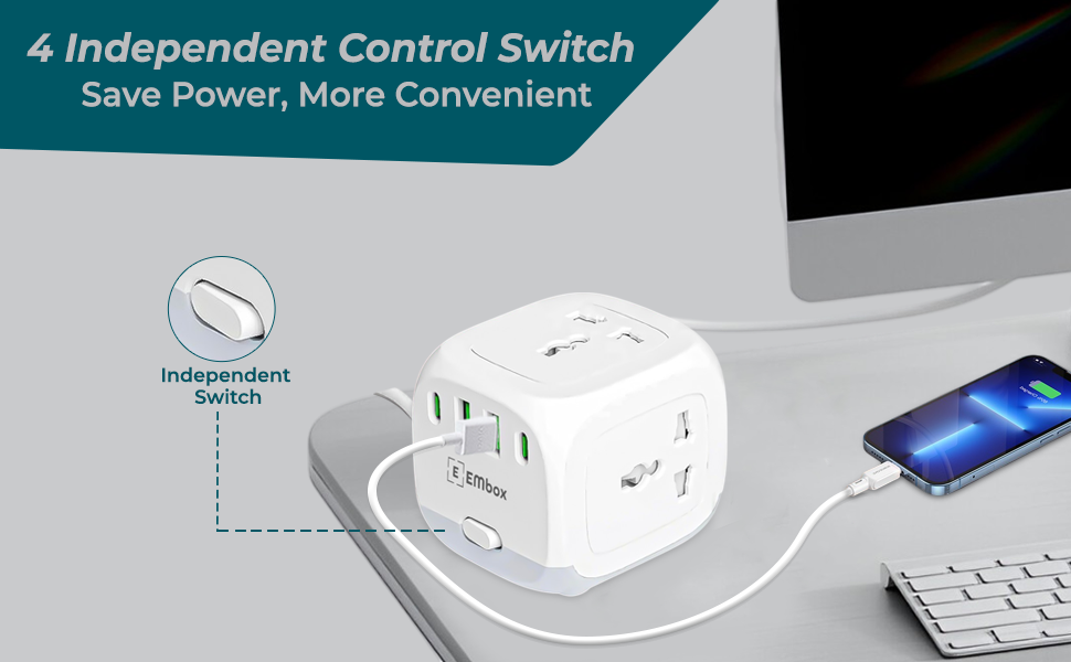 Embox 20W Extension Board with USB Type C | 2500W Extension Cord with 3 Universal Sockets & 4 USB Ports(2 Type A+2 Type C)| Extension Board with Switches Surge Protector Safety Shutter LED Indicator