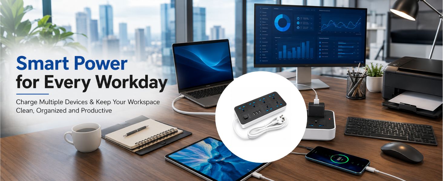 10 in1 Universal Extension Board with 6 Sockets 3 USB Ports & 1 PD Type-C Fast Charging |1.8M Cable | 2500W Power Strip with Switch | Multi Plug Cord for Home Office TV Computer & Mobile