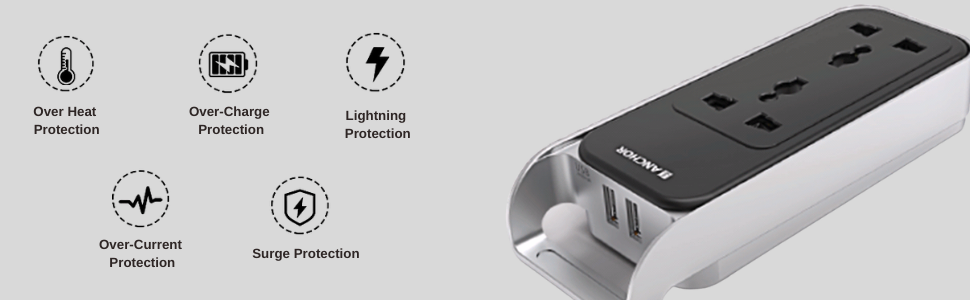 Anchor by Panasonic 6A Extension Board with Handle, 2 Sockets + USB 2.4A, 1.5m Cable (Black and Silver, 240 volts) (22074)