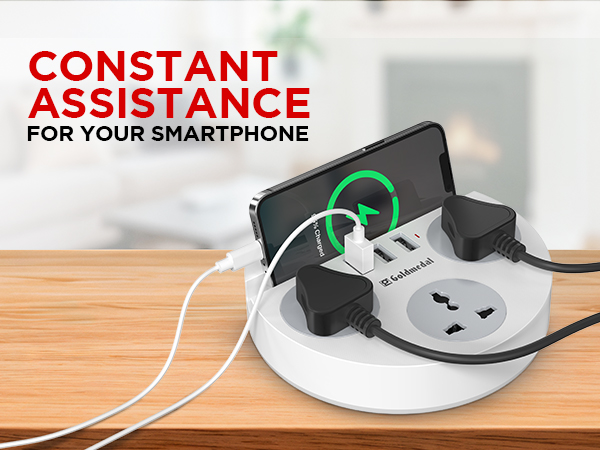 Goldmedal Zippo 1.5-Meter Extension Cord | 3 USB Charging Ports & Mobile Holder | Master Switch with Indicator | 3 Universal Sockets | Compatible with All Devices | for Home & Office | White