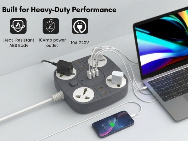 ADDMAX Extension Board with USB | 6 Power Sockets, 2 USB Ports + 1 Type-C Port | 10 Meter Heavy Duty Cord | 10A 220V Multi Plug Extension Cord | Fireproof Power Strip for Home, Office & Laptop – Grey