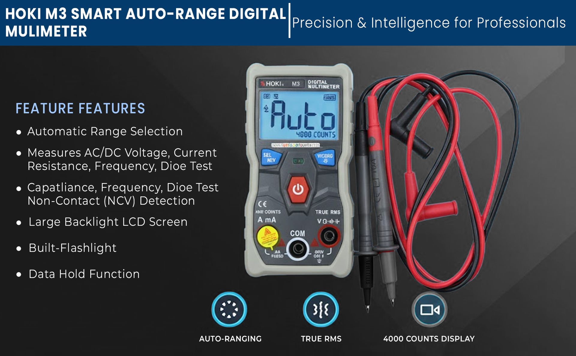 M3 Digital Multimeter, Auto Range Smart Multimeter Digital Multimeter (Black 4000 Counts)