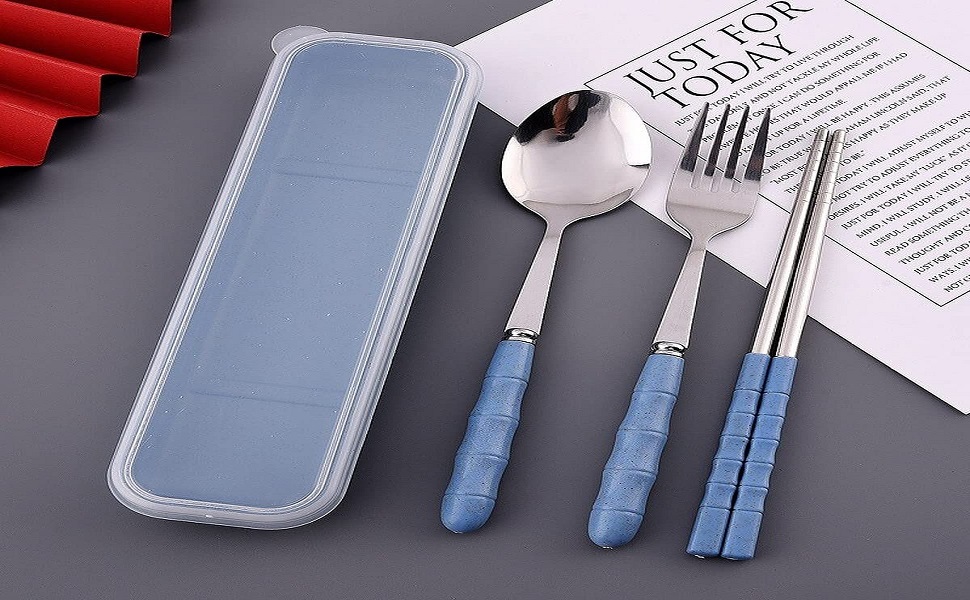 Home Cloud Premium Stainless Steel Cutlery Set of 3-Piece (Spoon, Fork, Chopsticks) Including Travel Spoon Box - Exquisite Portable Tableware for Customized Gifts (Blue)