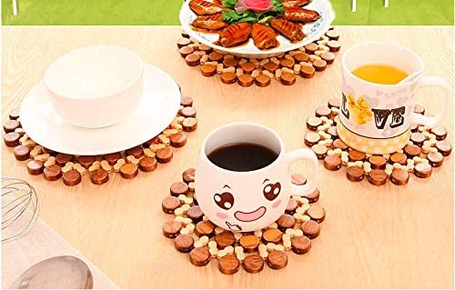 4 Pcs Round Wooden Trivet Mat Set Heat Resistant Pot Holder Pads for Kitchen Dining Table Brown Flower Shape 21 x 21 cm Protects Surface from Heat Scratches for Plates Dishes Pots Pans Serveware