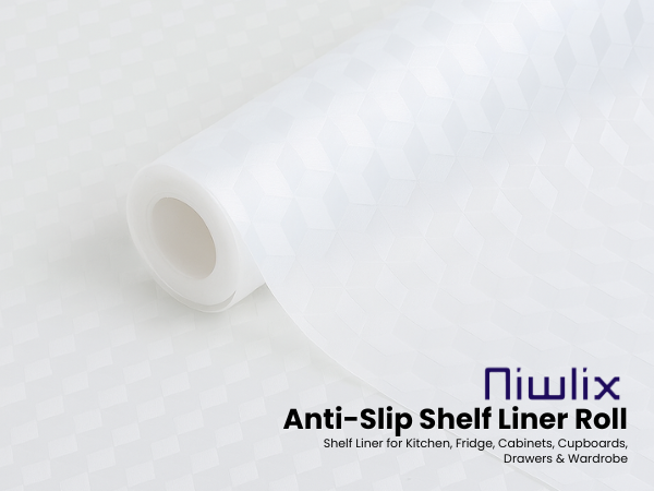 Niwlix (45 cm x 3 M Roll) Anti Slip Kitchen Cabinet Drawer Shelf Mat Liner Sheets Floral Shelf Liners for Kitchen Shelves, Cupboard Sheets,Fridge Mats, Super Strong EVA, Water Resistant (White)