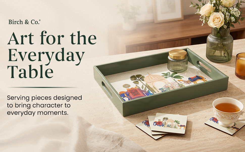 Birch & Co. Wooden Tray for Serving-Free 4 Coasters-10 Inch X 15 Inch-Serving Tray-Tray Set for Decoration-Tea Trays-Big Coffee Tray-Premium MDF Trey-Wooden Serving Trays-Resin Tray,Rectangular