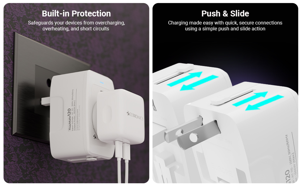 Zebronics 1500W All-in-One Universal Travel Adapter, Upto 6A, Universal Socket, Swappable Pins for EU|KR|UK|US|JP|AUS|CN, for Mobile, Tablets, Laptops, & Grooming Devices (Travmate 120)