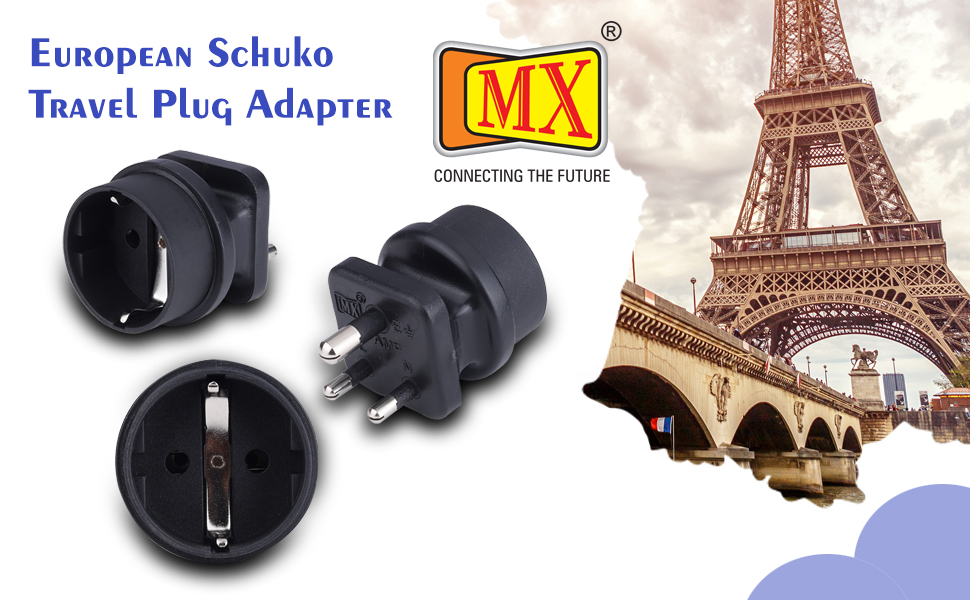 MX 3 Pin Indian Plug to Europe Schuko Socket Adapter 15A, Heavy Duty Power Plug Converter, Compatible with Indian 3 Pin Plug to EU Schuko Socket, Compact Travel & Home Use Adapter