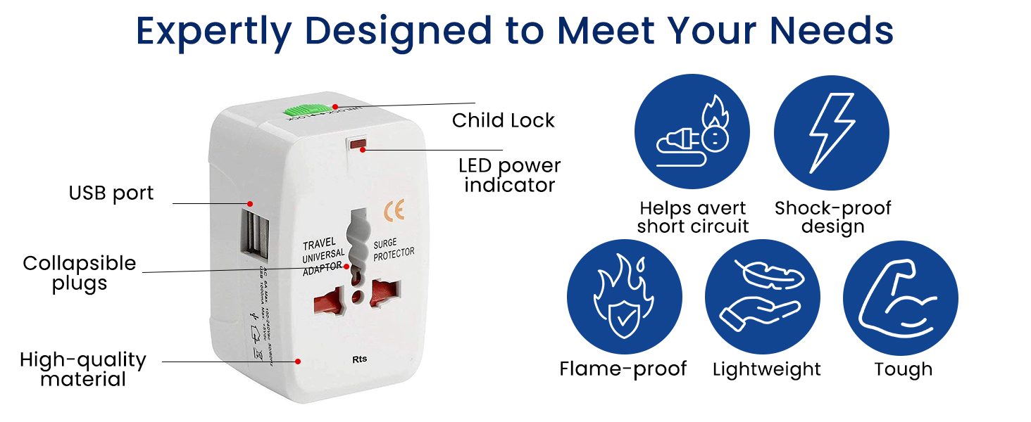 Universal Travel Plug Adapter Worldwide International All in One Portable Travel Adapter Wall AC Power Plug Adapter Wall Charger with Dual USB Charging Ports for USA EU UK AUS Cell Phone Mobile Laptop