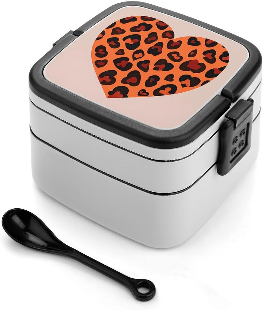 Double Layer Bento Box for Adults Heart Leopard Print Stackable Bento Box Removable Lunch Boxes for Dining Out,Work