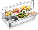 6 Pan Countertop Ice Food Serving Display Container Cooled Condiment Dispenser Stainless Steel Food Serving Tray Display Rack with Clear Roll Top Cover for Buffet Restaurant Hotel Kitchen Party
