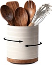 Utensil Holder, 360° Rotating Extra Large Ceramic Kitchen Utensil Holder for Countertop, 7.3“ Cooking Utensil Crocks for Kitchen Counter with Rotatable Wooden Base, Farmhouse Decor, Arctic White