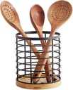 Utensil holder for Kitchen Counter - 5.2" x 5.2" x 6" Large Round with Wooden Base Matte Black Cooking Utensil Holder Utensil Organizer (Metal+Bamboo)