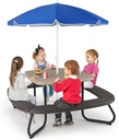 Costzon Kids Picnic Table, 8 Person Kids Outdoor Table and Chairs with Foldable & Adjustable Umbrella, 4 Built-in Benches, Toddler Outdoor Furniture for Backyard, Patio, Garden (Brown)