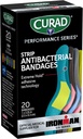 CURAD Performance Series IRONMAN Antibacterial Bandages, Extreme Hold Adhesive Technology, Standard Size Flexible Fabric Bandages for Cuts, Scrapes, & Burns, Assorted Colors, 1 x 3.25 inches, 20 Count