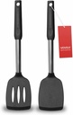 2 Pack Spatulas, Solid & Slotted Silicone Spatula Set, Stainless Steel Handle Coated with Silicone, Non Stick Turners, Heat Resistant Rubber Spatulas for Fish, Eggs, Pancakes, WOK, Black