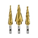 NEIKO 10181A Step Drill Bit Set, 3 Piece, Spiral Grooved for Faster Drilling, Step Bits for Stainless Steel, Metal, Wood, Plastic, Unibit Cone Drill Bits with 31 Step Sizes Total