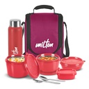 MILTON Pro Lunch Box ze stali sztućce, 3 Kuchenki mikrofalowe Safe Inner Steel Container (180 ml, 320 ml, 450 ml), plastikowe Chutney Dabba, 100 ml, butelka, 750 ml z Izolowaną Torbą, Biuro Tiffin, Maroon