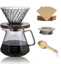 Pour Over Coffee Maker Set 20 oz, 600 ml Borosilicate Glass Coffee Server with Glass Lid, 50 pcs Paper Filter, Walnut Handle Pour Over Coffee Dripper for Home Café Restaurant,Gray