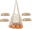 Extra Long Handle Farmers Market Bag with Utility Pocket, Cotton Mesh Tote, Reusable Mesh Produce Bags, Machine Washable for Produce and Grocery Hauls(4 Pcs)