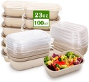 100 Pack 23 Oz Disposable Meal Prep Containers with Lids, Rectangle Paper Bowls with Lids for Salad,Leftovers, Leak-proof To Go Food Box Cardboard Lunch Box Compostable Take Out Food Containers
