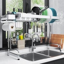 Over The Sink Dish Drainer Drying Rack, 2 Tier Full Stainless Steel Storage Adjustable Length Kitchen Rack, Multifunctional Expandable Counter Organizer, Space Saver Dish Rack