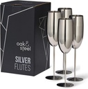 Oak & Steel - 4 Silver Stainless Steel Champagne Flutes 10 oz with Gift Box - Elegant, Solid & Unbreakable - Outdoor Parties, Picnic, Beach & Pool