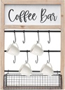 Coffee Mug Wall Rack with 8 Hooks and Storage Basket, Coffee Bar Organizer, Rustic Wood Hanging Cup Holder for Coffee Station, Kitchen, Home