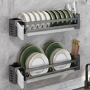 Hanging Dish Drying Rack, 2 Tier Wall Mount Bowl Holder Wall Mounted Stainless Steel Dish Drying Rack with Drain Tray (Grey) (Noir)