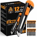 REXBETI 12- Pack Nóż użytkowy, Pudełko do zamykania kartonów, kartonów i pudełek, 18mm Szerszy Razor Sharp Blade, Gładki mechanizm, Idealny do użytku domowego i biurowego