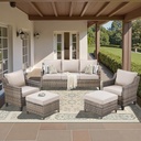 5 Pieces Outdoor Furniture-High Back Outdoor Wicker Couch Patio Chairs Set of 2 with Comfy Cushions Ottomans Patio Furniture Set for Backyard Porch Garden Deck Grey/Beige