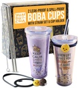 Reusable Boba Tumbler & Straw Set with Stainless Steel Straw - Reusable Bubble Tea Cups - Includes Cup Carrier, Sleeve & Boba Gifts - Gift for Boba Lovers & Tea Enthusiasts 2-Pack