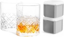 Final Touch Yarai Double Old-Fashioned Glass Set Includes 2 Lead-Free Whiskey Glasses 10oz and 2 BPA-Free Ice Cube Trays with 1¾ Inch Cubes Perfect for Whiskey Cocktails Bourbon and Spirits (GG9023)