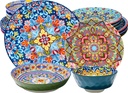 Plates and Bowls Set for 4, 16 Pieces Porcelain Dinnerware Set, Microwave and Dishwasher Safe, Scratch Resistant, Bohemian Style Plate Set for Salad, Pasta, Dessert