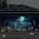 Blosssound 7x16 FT Halloween Garage Door Cover Spooky Graveyard Scene with Skeletons, Pumpkins & Haunted Buildings Outdoor Scary Backdrop Decoration for Yard, Porch, Party, Photo Booth
