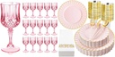 Ciaell 24PCS Pink Plastic Wine Glasses and 175 PCS Pink Scalloped Plastic Plates for Wedding, Bar, Wine, Beer, Juice, Cocktail, Whiskey