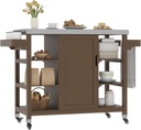 DWVO Outdoor Solid Wood Kitchen Island Grill Cart Movable with Stainless Steel Top and Spice Rack for Patio, Garden, Porch, Balcony, Outdoor Kitchen Island Bar Cart, Easy to DIY Color, Brown
