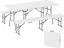 Outsunny 6FT 3-Piece Portable Picnic Table Bench Set, Folding Camping Table and Chairs with Carrying Handles for Indoor Outdoor Use, Camping, BBQ, Party, Event, White