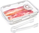 Bacon Container for Refrigerator, Airtight Thick Plastic Deli Meat Keeper with Lids for Fridge, Kitchen Cold Cuts Food Storage Organizer, Bacon Holder Cheese Saver with Serving Tongs and Drain Plate