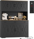 HOSTACK 71" Tall Kitchen Pantry Storage Cabinet with Charging Station, 55" Wide Kitchen Hutch Cabinet with Large Countertop, Farmhouse Food Pantry with Drawers for Living Room, Black